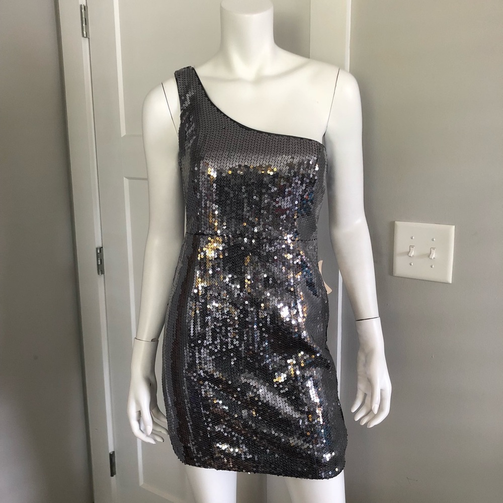 NWT Silver Sequin Dress S One Shoulder Mini Party